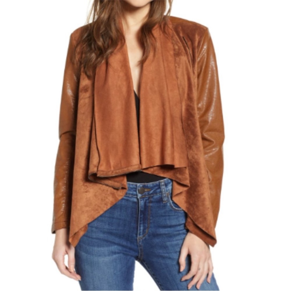 Blank NYC Cognac Brown Faux Leather Waterfall Zip Up Crop Jacket